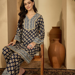 Printed & Embroidered Straight Kurta  With Trousers Kurta Set Set