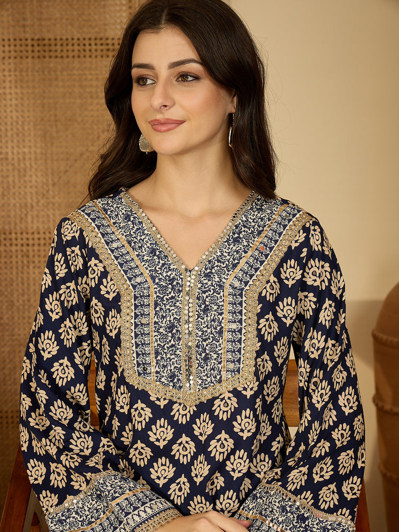 Navy Blue Printed & Embroidered Straight Kurta  With Trousers Kurta Set Set