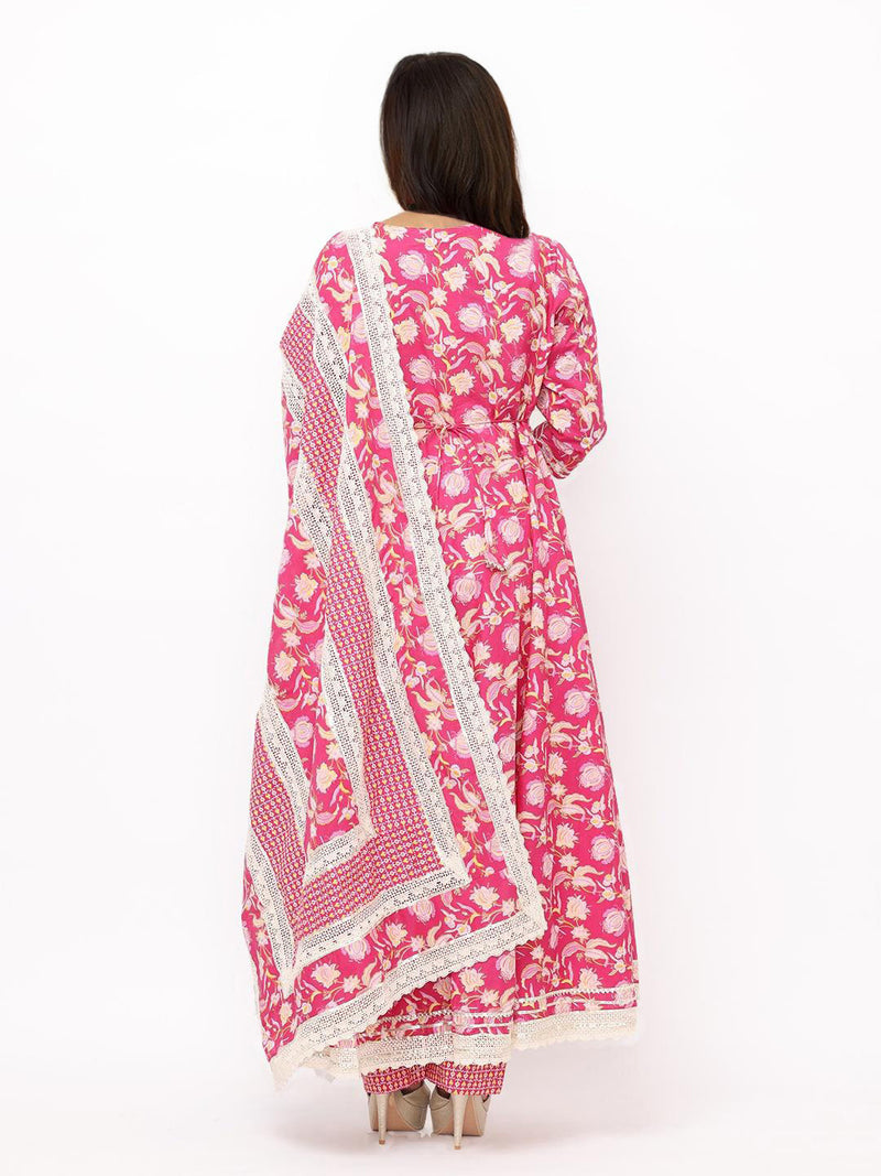 Floral Printed Angrakha Thread Work Pure Cotton Kurta with Trousers & Dupatta