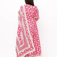 Floral Printed Angrakha Thread Work Pure Cotton Kurta with Trousers & Dupatta