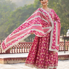 Floral Printed Angrakha Thread Work Pure Cotton Kurta with Trousers & Dupatta