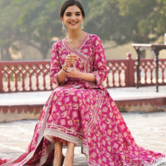 Floral Printed Angrakha Thread Work Pure Cotton Kurta with Trousers & Dupatta