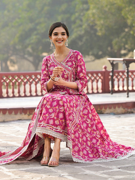 Floral Printed Angrakha Thread Work Pure Cotton Kurta with Trousers & Dupatta
