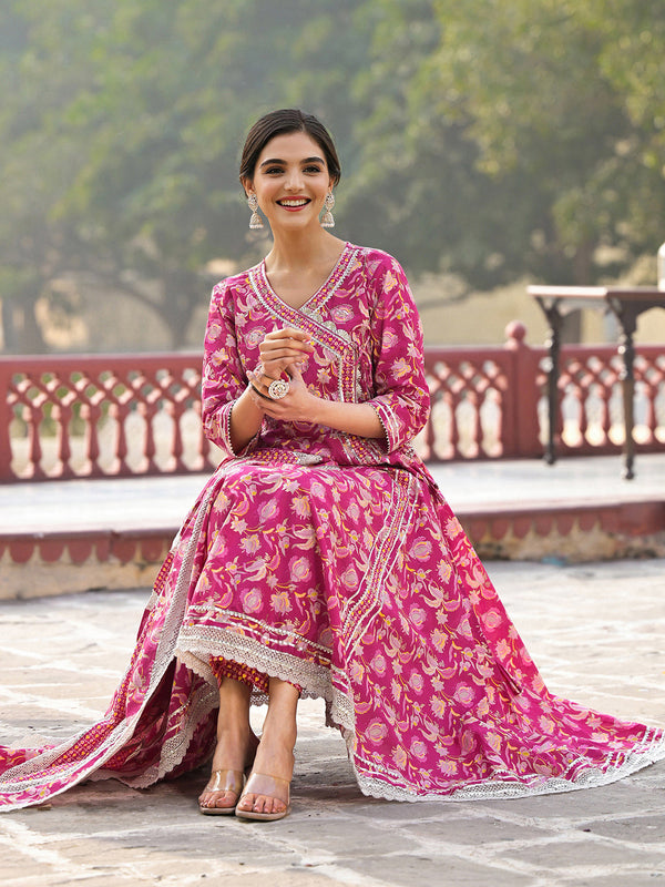 Floral Printed Angrakha Thread Work Pure Cotton Kurta with Trousers & Dupatta