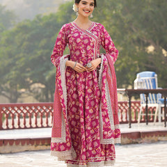 Floral Printed Angrakha Thread Work Pure Cotton Kurta with Trousers & Dupatta