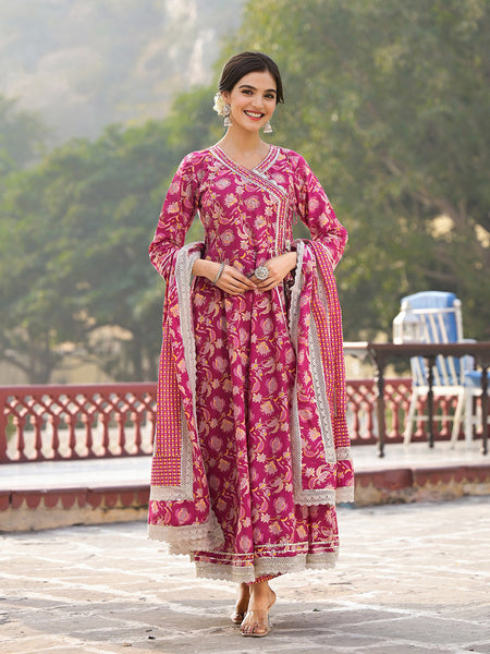 Floral Printed Angrakha Thread Work Pure Cotton Kurta with Trousers & Dupatta