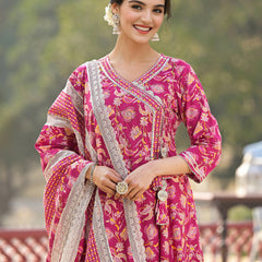 Floral Printed Angrakha Thread Work Pure Cotton Kurta with Trousers & Dupatta