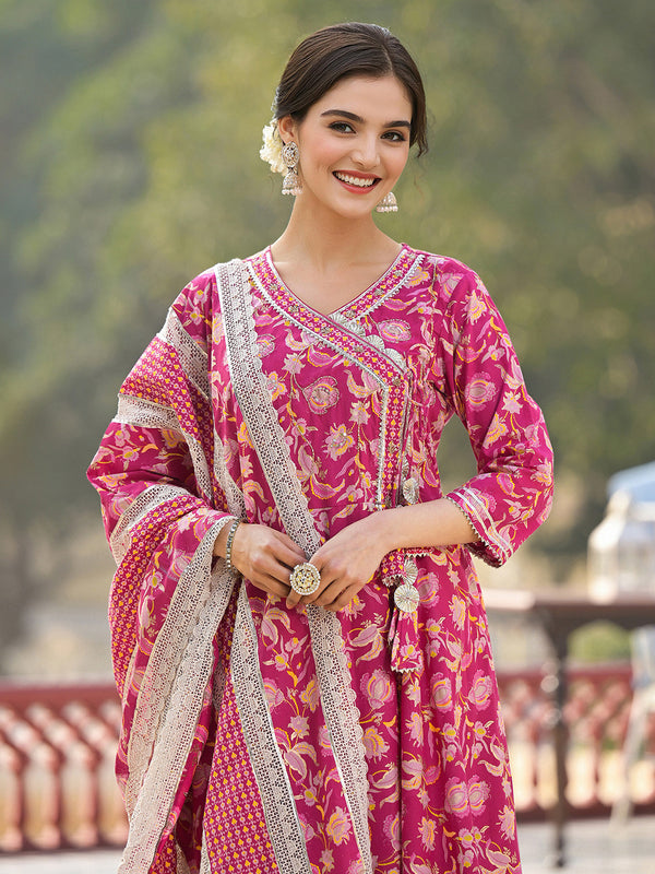 Floral Printed Angrakha Thread Work Pure Cotton Kurta with Trousers & Dupatta