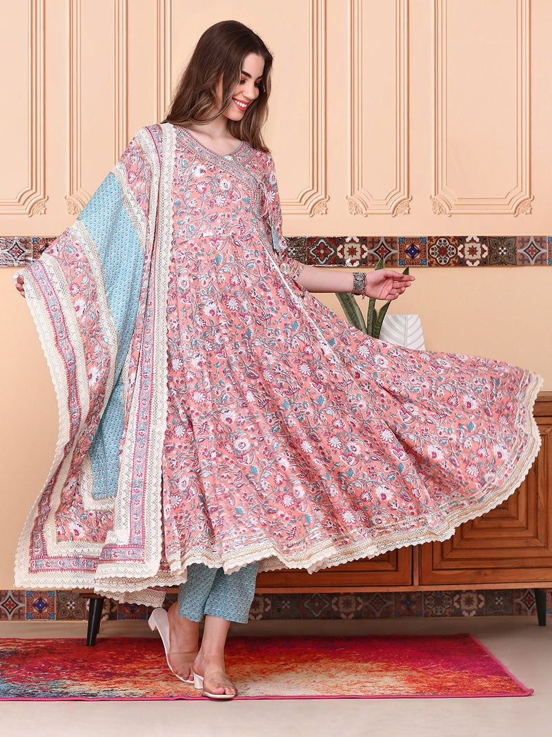 Floral Printed Angrakha Thread Work Pure Cotton Kurta with Trousers & Dupatta