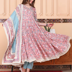 Floral Printed Angrakha Thread Work Pure Cotton Kurta with Trousers & Dupatta