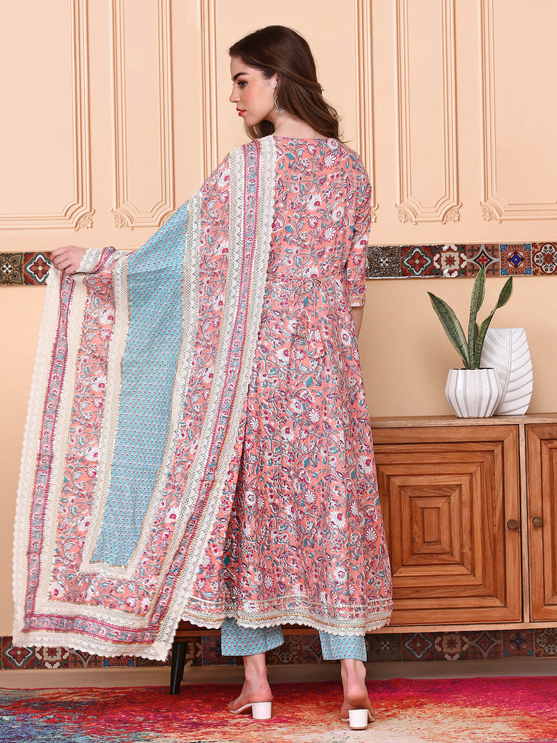 Floral Printed Angrakha Thread Work Pure Cotton Kurta with Trousers & Dupatta