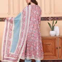 Floral Printed Angrakha Thread Work Pure Cotton Kurta with Trousers & Dupatta