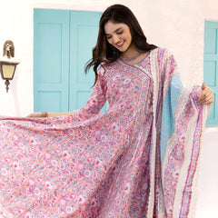 Floral Printed Angrakha Thread Work Pure Cotton Kurta with Trousers & Dupatta