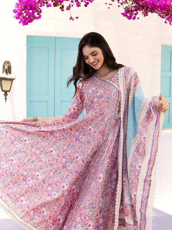 Floral Printed Angrakha Thread Work Pure Cotton Kurta with Trousers & Dupatta