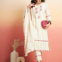 Off White Embroidered  Pure Cotton Kurta with Trousers & Dupatta