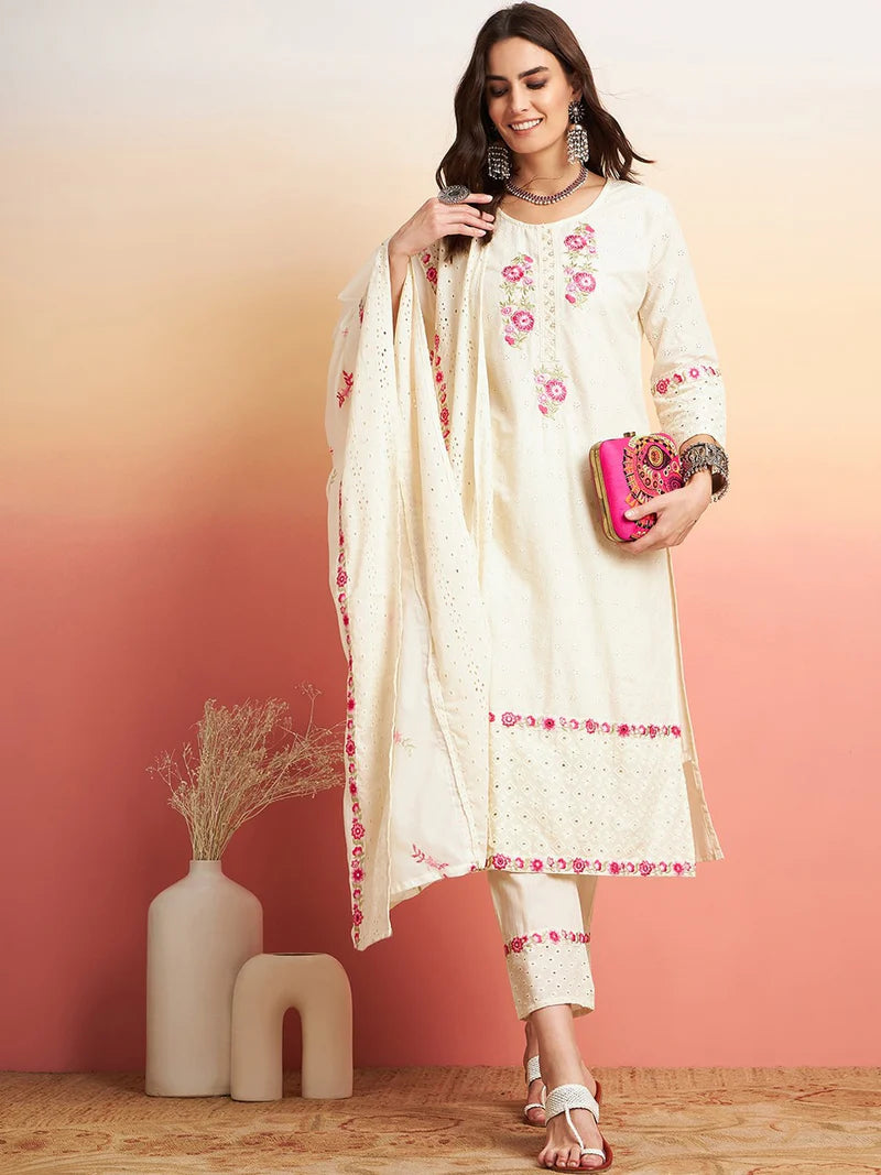 Floral Embroidered Pure Cotton Straight Kurta With Trouser & Dupatta