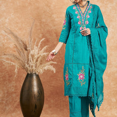 Blue Woven Design Thread Work Detail Pure Cotton Kurta & Trouser With Dupatta