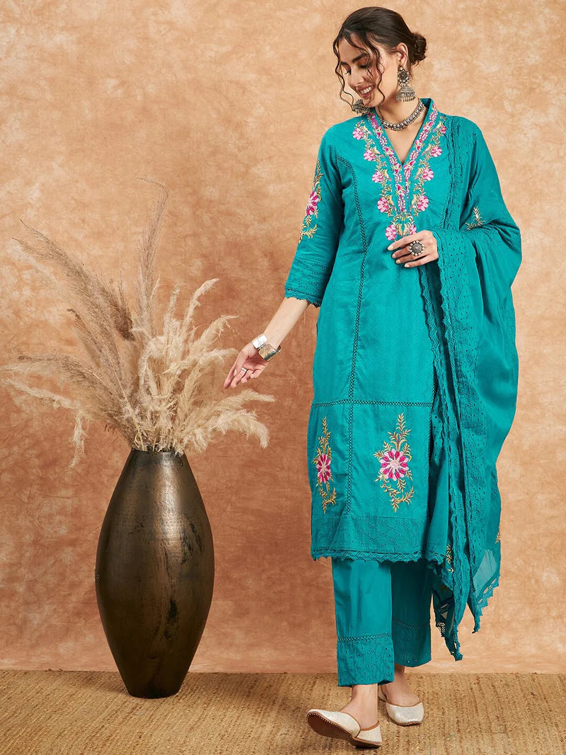 Floral Embroidered Pure Cotton Straight Kurta With Trouser & Dupatta