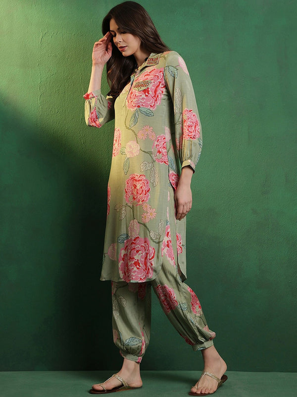 Floral Printed Shirt Collar Mirror Work Pathani Kurta & Trousers