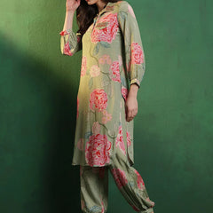 Floral Printed Shirt Collar Mirror Work Pathani Kurta & Trousers