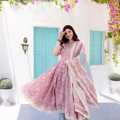 Floral Printed Angrakha Thread Work Pure Cotton Kurta with Trousers & Dupatta