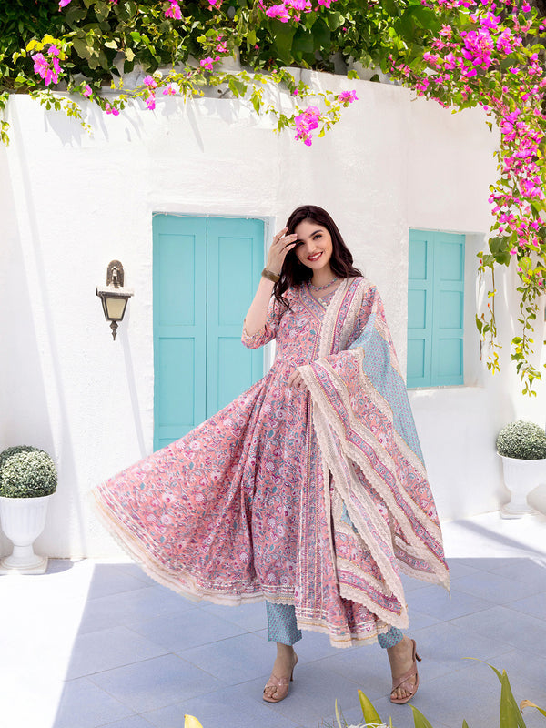 Floral Printed Angrakha Thread Work Pure Cotton Kurta with Trousers & Dupatta