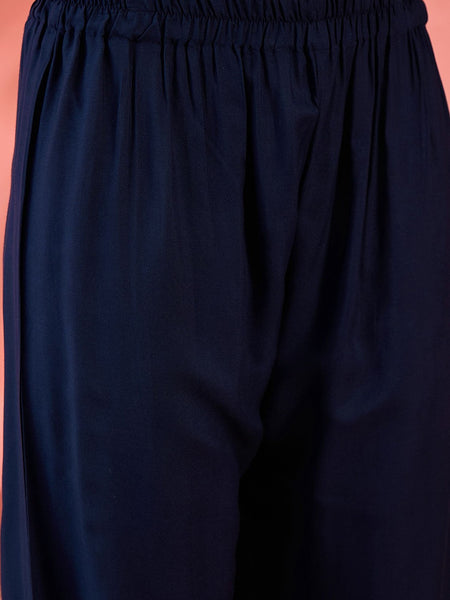 Navy Blue Ethnic Motifs Embroidered Shirt Collar Pathani Kurta With Trouser