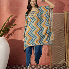 Blue Geometric Printed Yoke Design Mirror Work Kaftan Kurta With Dhoti Pants