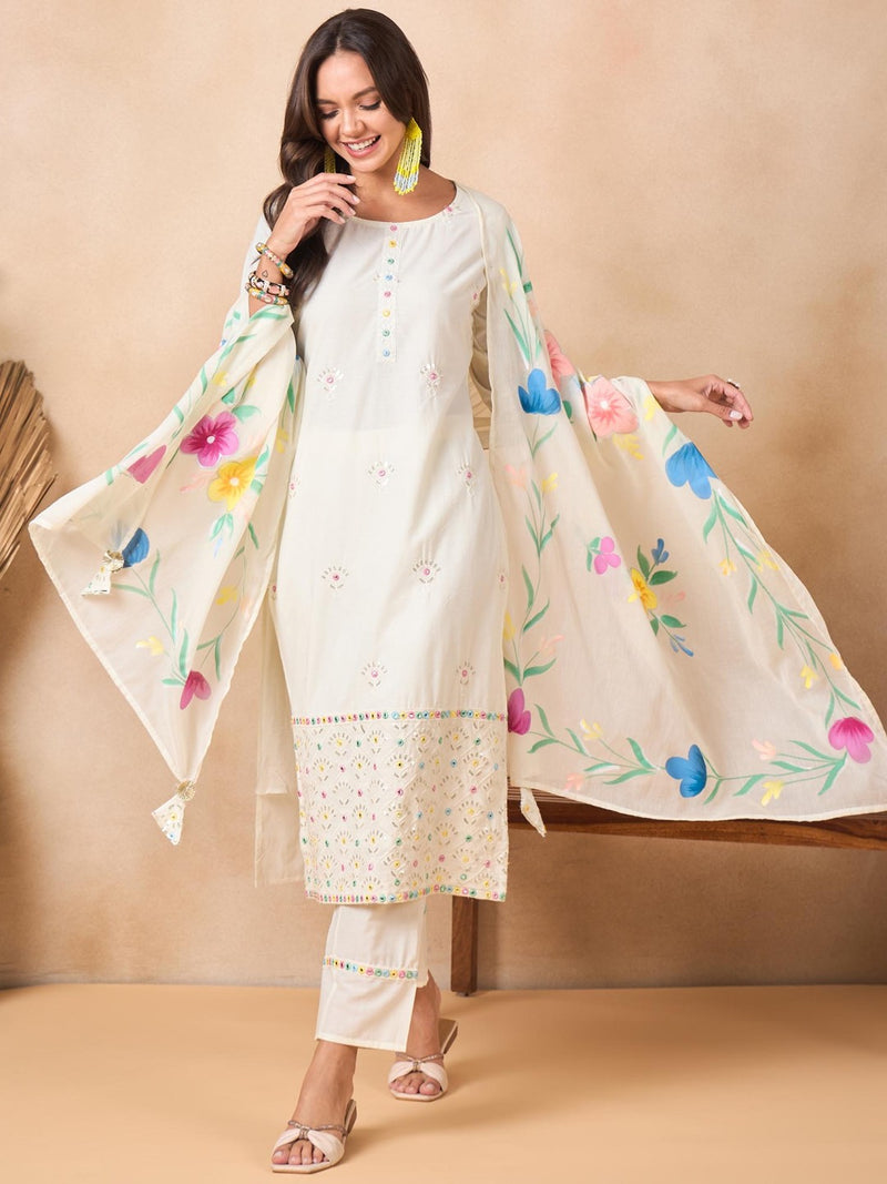 Floral Embroidered Pure Cotton Kurta With Trousers And Dupatta
