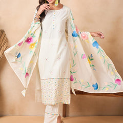 Floral Embroidered Pure Cotton Kurta With Trousers And Dupatta