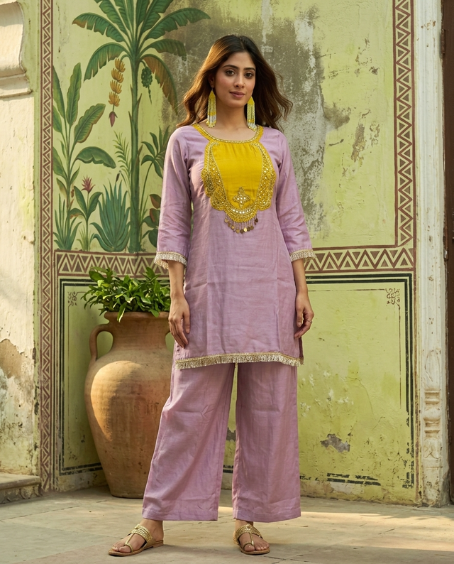 Floral Embroidered & Mirror Work Tunic With & Trouser