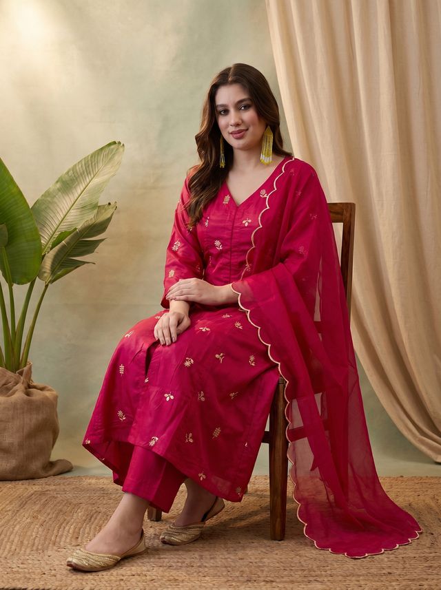 Black Floral Embroidered Mirror Work A-Line Kurta With Trousers & Dupatta