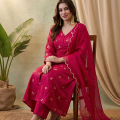 Black Floral Embroidered Mirror Work A-Line Kurta With Trousers & Dupatta