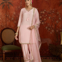 Pink Embroidered Straight Kurta With Farsi Salwar & Dupatta