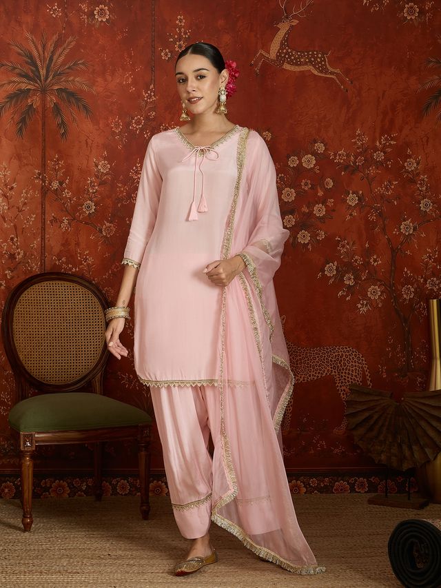 Pink Embroidered Straight Kurta With Farsi Salwar & Dupatta