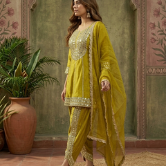 Parrot Green Floral Embroidered & Sequinned A-Line Kurta With Dhoti Pant & Dupatta Kurta Set