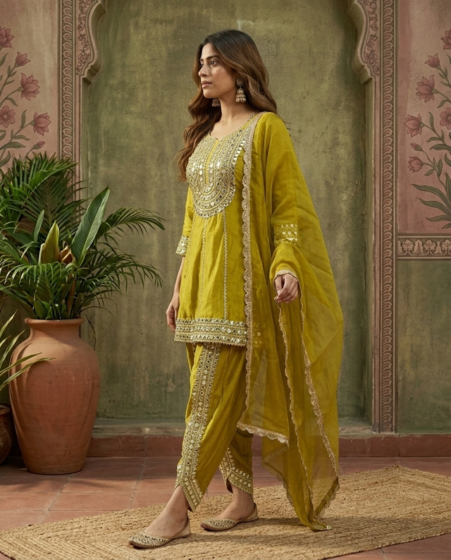 Parrot Green Floral Embroidered & Sequinned A-Line Kurta With Dhoti Pant & Dupatta Kurta Set