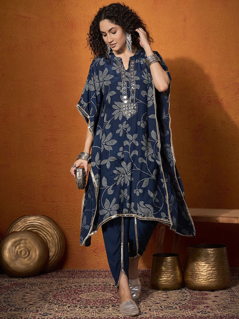 Floral Embroidered Regular Mirror Work Kaftan Kurta with Dhoti Pants