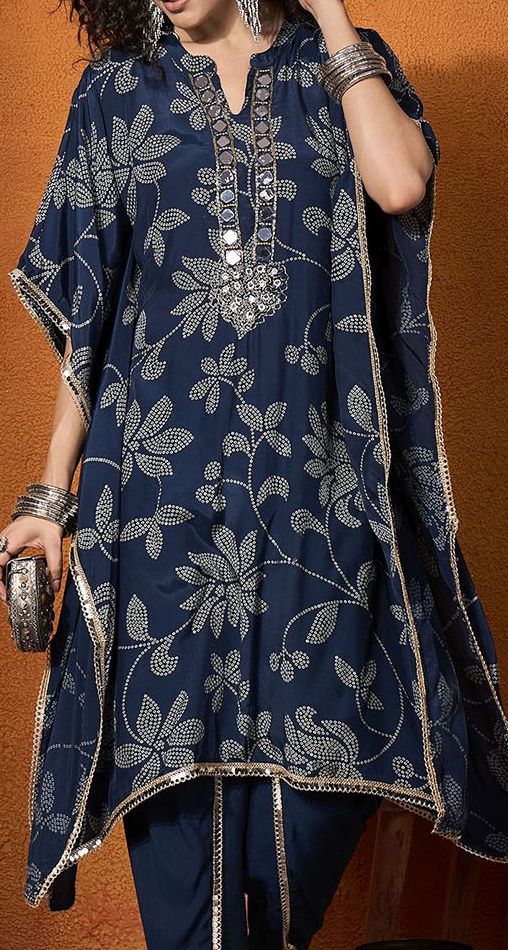 Floral Embroidered Regular Mirror Work Kaftan Kurta with Dhoti Pants