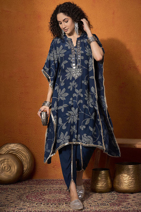 Floral Embroidered Regular Mirror Work Kaftan Kurta with Dhoti Pants