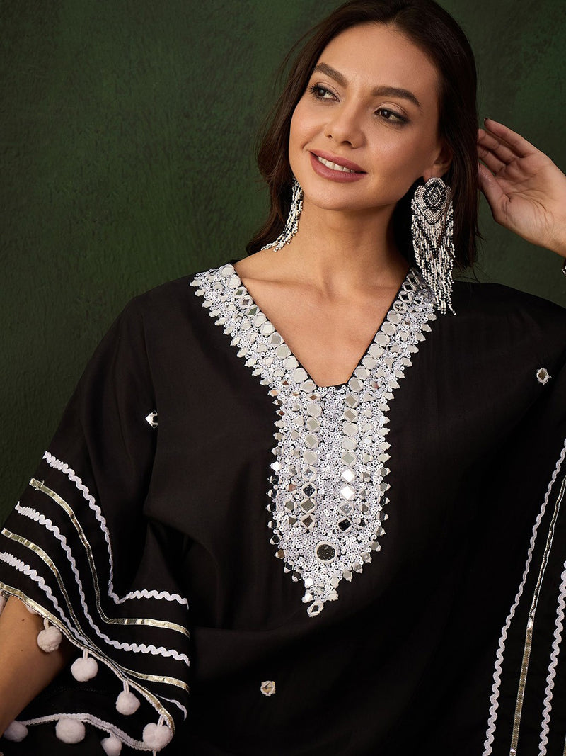 Black Geometric Embroidered Mirror Work Roman Silk Kurta With Trouser