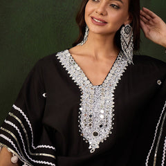 Black Geometric Embroidered Mirror Work Roman Silk Kurta With Trouser