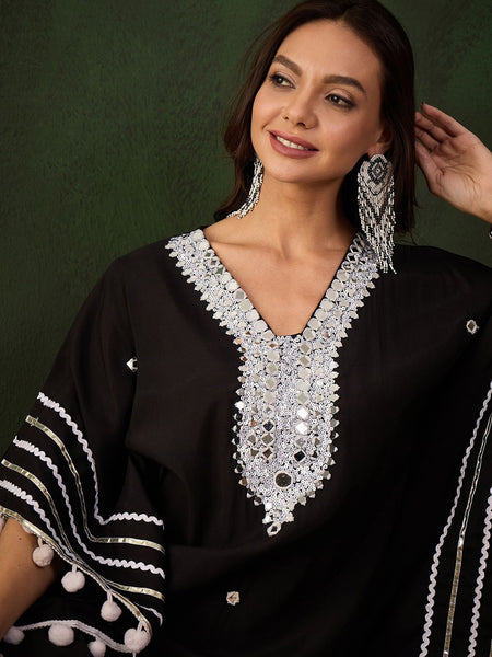 Black Geometric Embroidered Mirror Work Roman Silk Kurta With Trouser