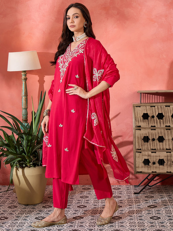 Red Embroidered Gotta Patti Kurta with Trousers & Dupatta Kurta Set