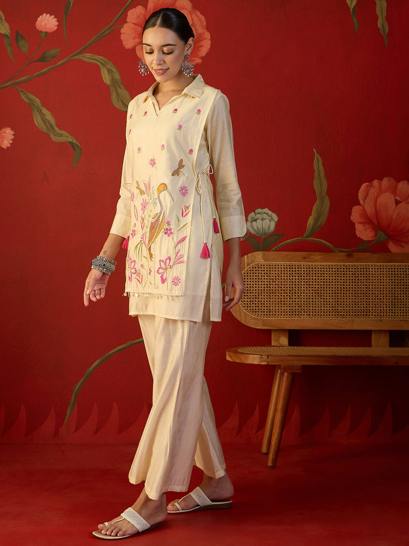 Off White Floral Embroidered & Mirror Work Tunic With Jacket And Trouser Co-Ords Set