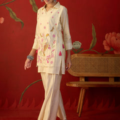 Off White Floral Embroidered & Mirror Work Tunic With Jacket And Trouser Co-Ords Set