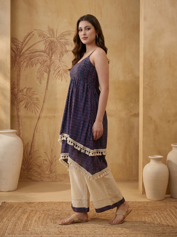 Floral Print Shoulder Straps A-Line Kurta With Palazzo Kurta Set