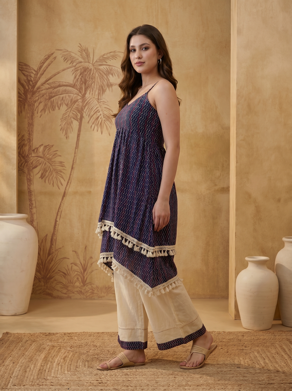 Navy Blue Ethnic Motif Print Shoulder Straps A-Line Kurta With Palazzo Kurta Set