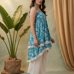 Firozi Floral Print Shoulder Straps A-Line Kurta With Palazzo Kurta Set