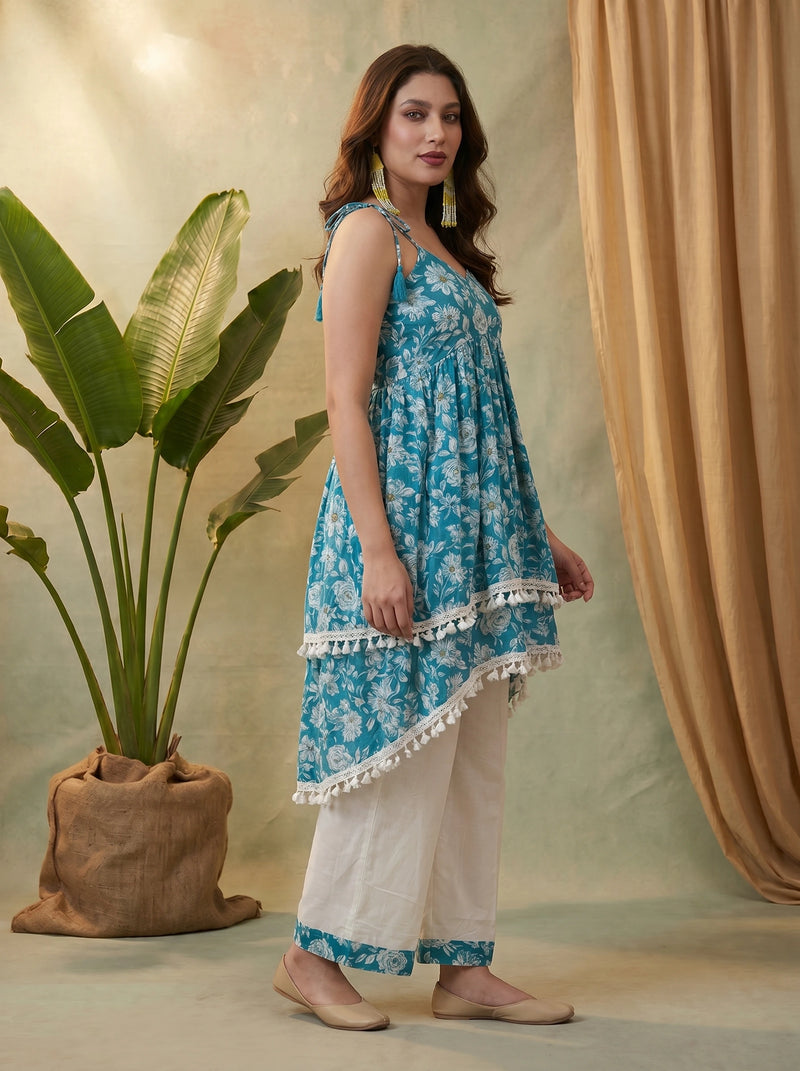 Firozi Floral Print Shoulder Straps A-Line Kurta With Palazzo Kurta Set
